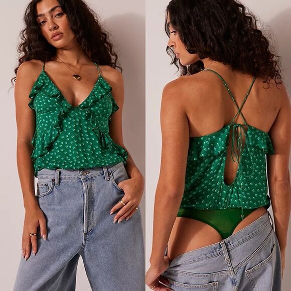 Free People Tops - NWT Free People Bella Babe Bodysuit Green Polka Dot Ruffle